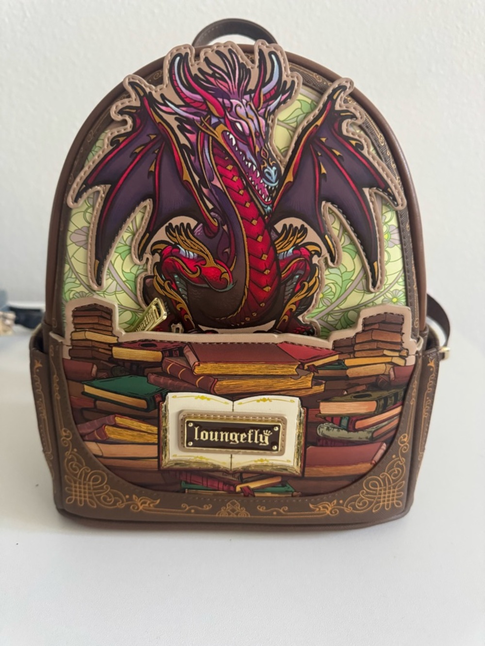 Loungefly Brown Backpack with Red & Purple Dragon